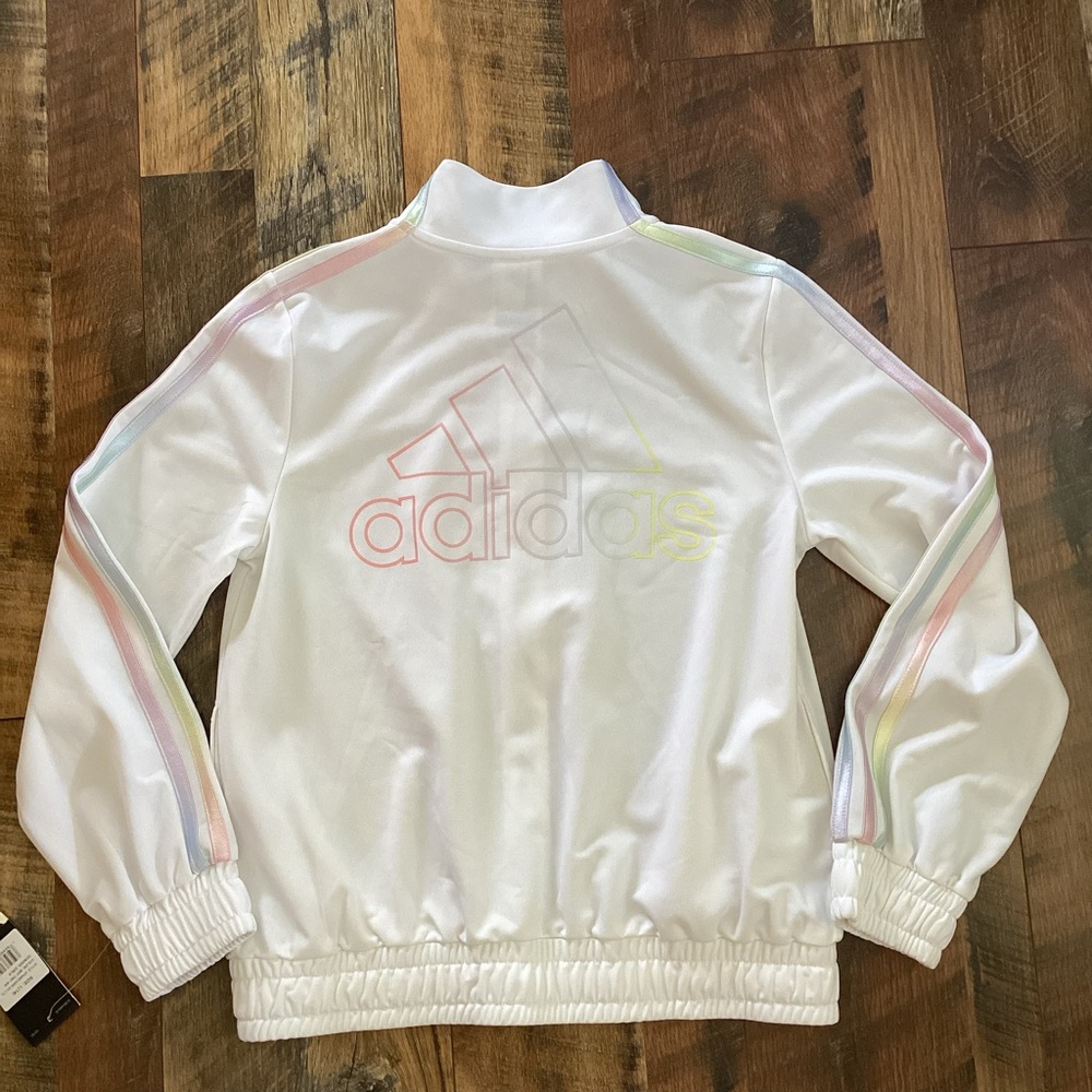 NWT Adidas Girls White Track Jacket with Multicolor Stripes